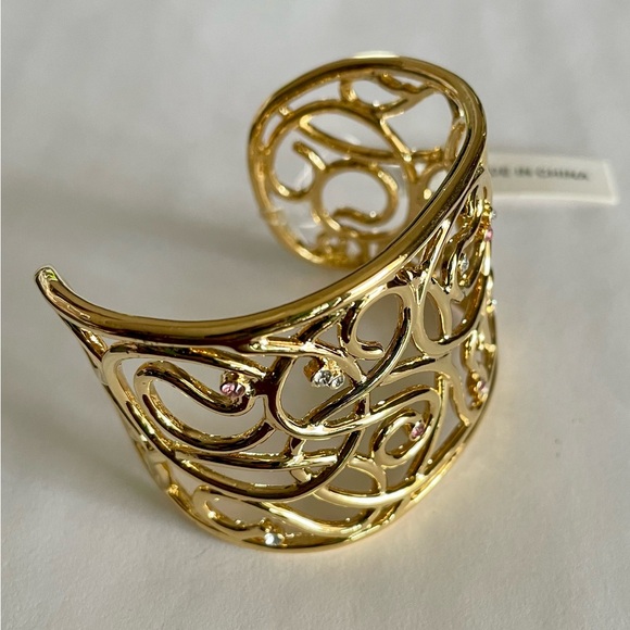 Vintage Gold Plated and Swarovski Crystal Wide Cuff Scroll Bracelet - Picture 3 of 5